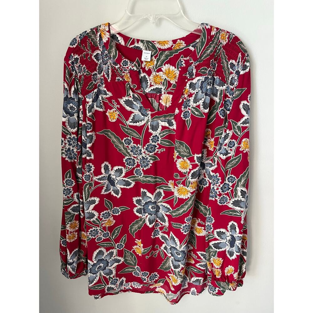 Old Navy Blouse Floral Boho Peasant Smocked Long Sleeves Casual Red Medium